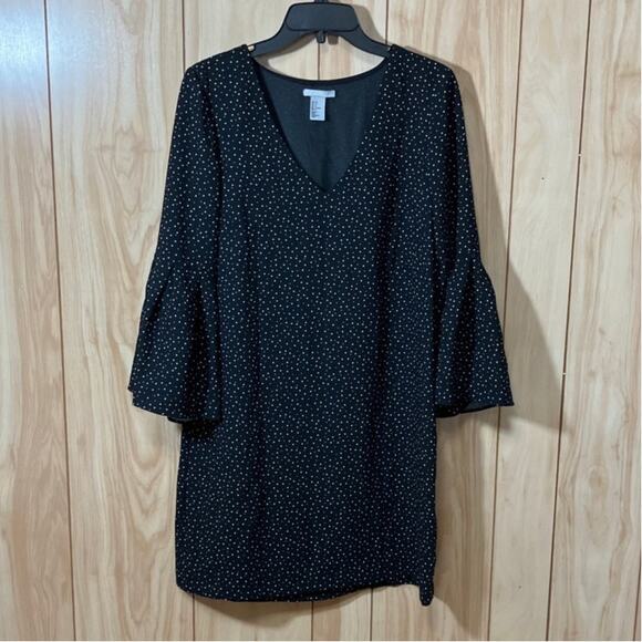 H&N Dresses & Skirts - H&N Polka-Dot Black V-Neck Long Bell Sleeve Shift Mini Women Dress 8